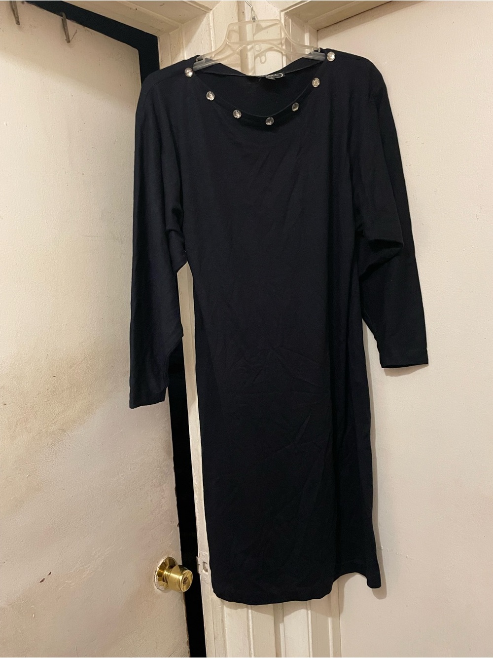 Black Sheath Dress Women’s Size Small 3/4 Sleeve Rhinestone Neck Stretch